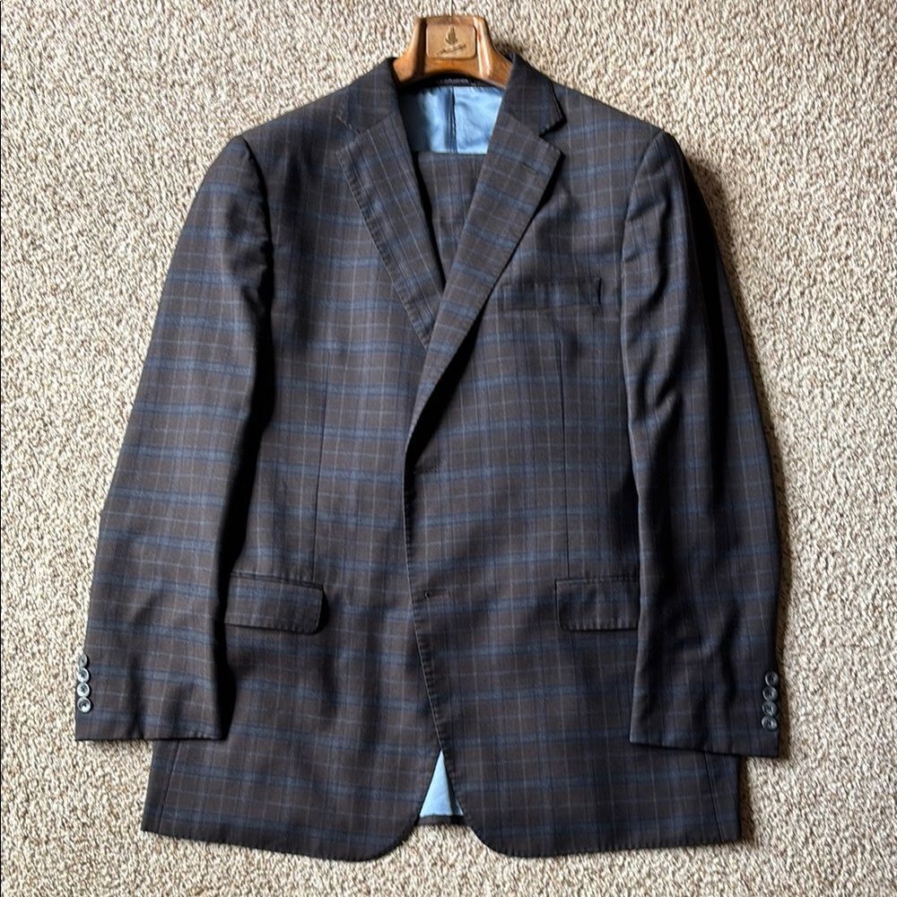 *Luxury* J. Hilburn Brown Blue Plaid 2 Btn Lightweight Flannel Wool Suit 46
